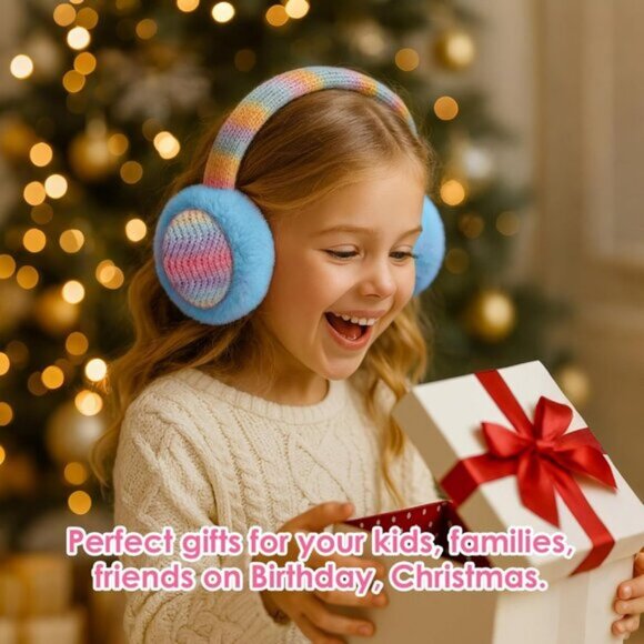 ⚡Kid Rainbow Blue Knitted Rainbow Winter Outdoor Plush Adjustable Warm Ear Muffs - Picture 7 of 9
